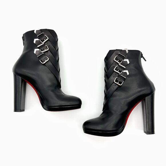 CHRISTIAN LOUBOUTIN Troop 120 Black Leather Boots Size 37 Buckle Booties - Picture 3 of 9